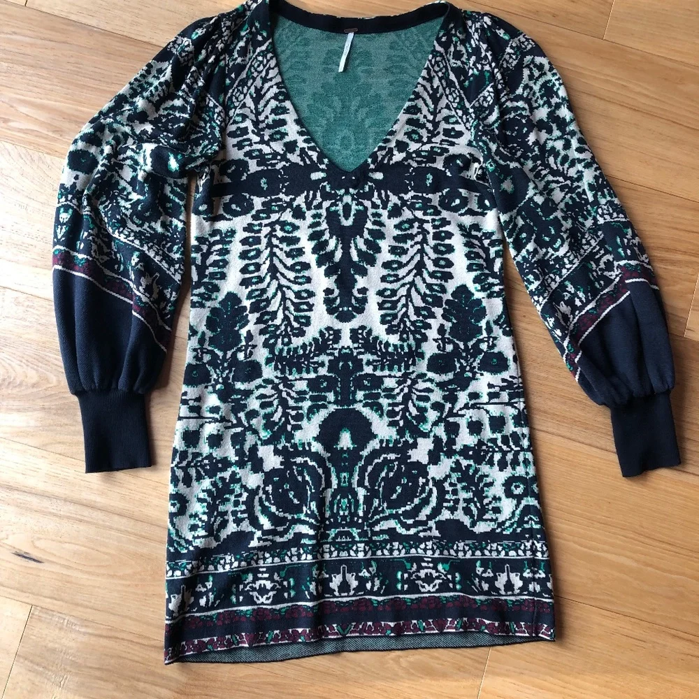 Free People Black and Cream Printed Mini Dress